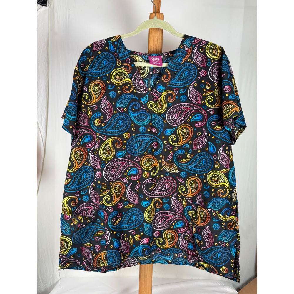 Divine Curves Womens 1X Scrub Top Paisley Neon Print‎ V-Neck Short Sleeve Black